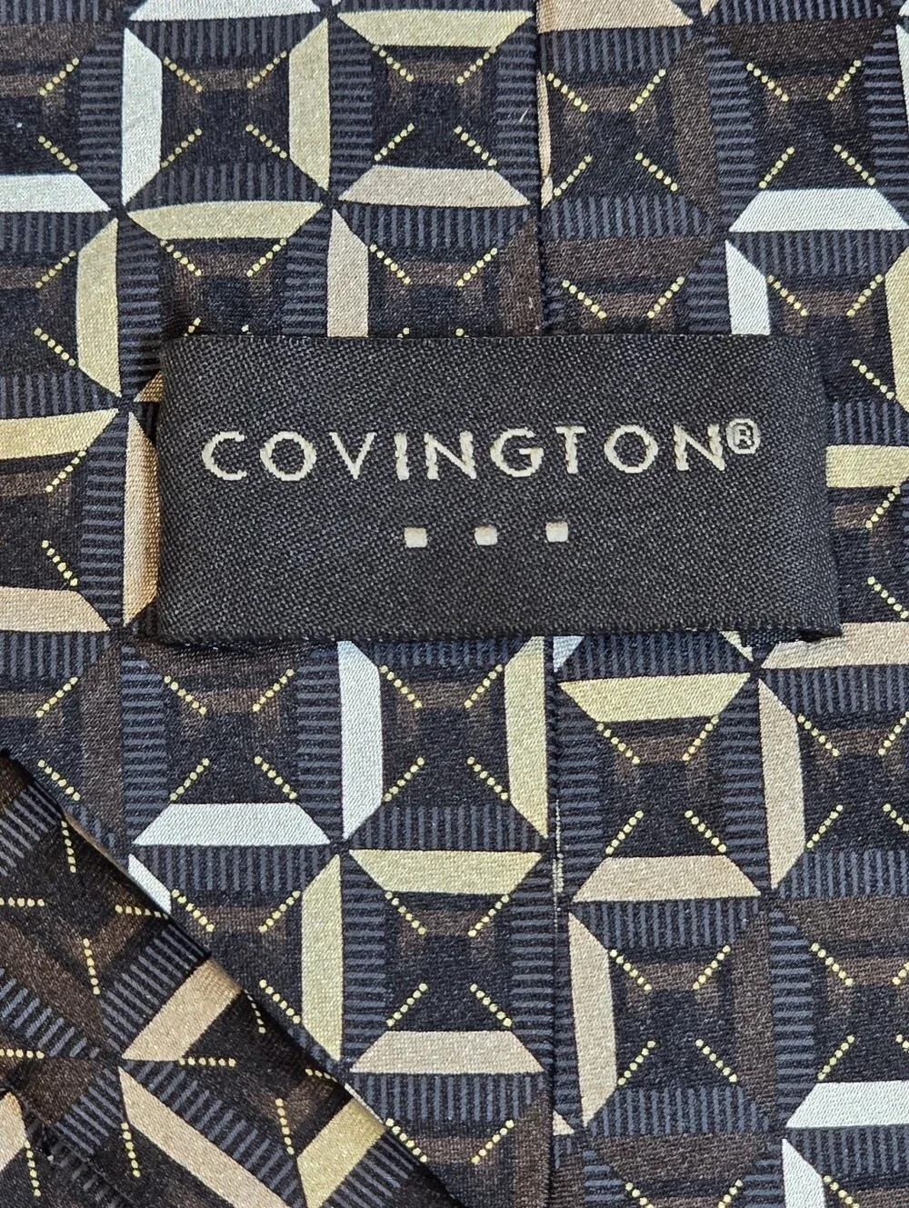 Covington Pure Silk Black Tie with Gold and Cream Geometric Motif